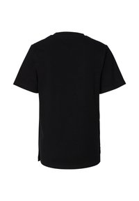 Sort bomulds T-shirt med klassisk rund hals, korte ærmer og lige kant med sideslidser for nem bevægelse.