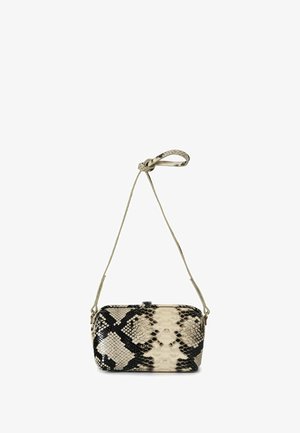 Snake print crossbody bag featuring a beige and black color scheme, smooth texture, and a braided strap with a knot detail.
