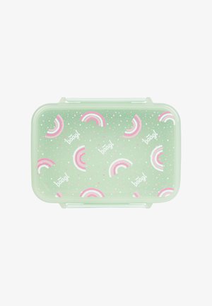 Contenitore rettangolare di plastica verde con motivo maculato, caratterizzato da arcobaleni rosa e bianchi e il testo "baang!".