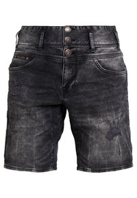 Jeansshorts i mörkgrått med ett slitet utseende. Funktioner inkluderar en femknapparsstängning, slitna lappar och sidofickor.