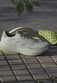Light grey athletic shoes with green accents, textured upper, GORE-TEX branding, and patterned outsole, placed on a stone pavement.