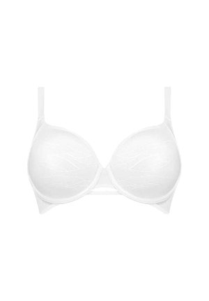 Biały stanik wyściełany, z gładkimi miseczkami, regulowanymi ramiączkami oraz delikatnym, teksturowanym wzorem na tkaninie. Zapięcie z tyłu nie jest widoczne.