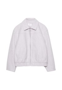 Veste zippée gris clair avec un col, une taille élastique et deux poches avant. Fabriquée en tissu doux avec une texture lisse.