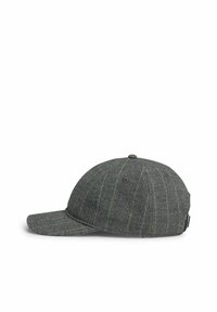Gray plaid cap featuring a structured shape, curved visor, and contrasting yellow lines, made from textured fabric with a side adjustment strap.