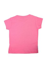 T-shirt rose en coton à manches courtes avec un col rond, une texture lisse et un ourlet droit. Pas de motifs ni d'accents visibles. Vue de dos.