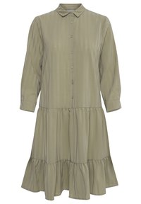 Oliwkowa sukienka z długim rękawem, z przodem zapinanym na guziki, kołnierzykiem, poziomymi paskami i warstwowym falbanowym dołem. Gładka tekstura materiału.