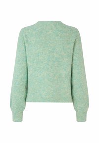 Teal värvi crewneck sviiter, millel on tekstuuriga kudumismuster, pikad varrukad ja lühike siluett. Pehme, kerge kangas.