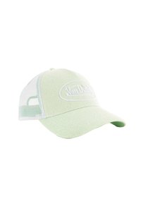 Hellgrüner Mesh-Baseballhut mit gebogenem Schirm, ausgestattet mit weißem, gesticktem Logo und verstellbarem Snapback-Verschluss.