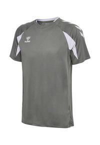 T-shirt de sport gris à manches courtes avec des rayures en chevron blanches sur les épaules et des panneaux latéraux blancs, doté d'un petit logo sur la poitrine.