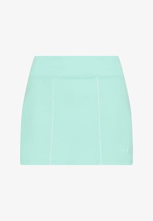 Mentazöld szoknya nadrág, sima, rugalmas anyagból készült. Fehér öltések és egy embléma található az alsó jobb oldalon. Egyszerű, testhez simuló dizájn.