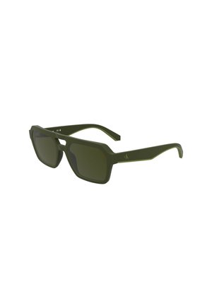 Grüne Plastiksunglasses mit einem eckigen Gestell, getönten Gläsern und einem kontrastierenden helleren grünen Akzent entlang der Seiten.