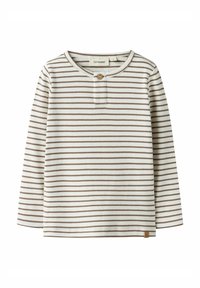 Bluzka w paski z długim rękawem w kolorach kremowym i brązowym. Posiada zapinaną na guziki listwę, prążkowaną fakturę oraz małą metkę z logo przy krawędzi.
