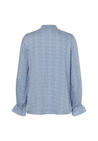 Blue blouse made of lightweight fabric, featuring a patterned design, frilled sleeve cuffs, and a high neckline. Back view displayed.