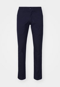 Dunkelblaue Chinos aus Baumwollmischung, mit geradem Schnitt, Gürtelschlaufen, Fronttaschen und einem Reißverschluss mit Knopfverschluss.
