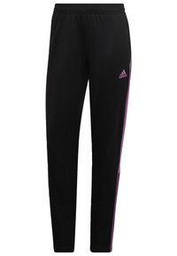 Pantaloni sportivi Adidas neri con strisce laterali rosa e logo Adidas rosa sulla coscia superiore, con vita elasticizzata e gambe affusolate.