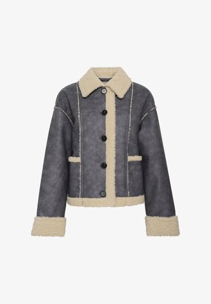 Gray faux leather jacket with cream shearling lining, collar, and cuffs; features five black buttons and two front pockets.