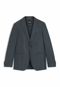 Donkergrijze blazer van een gestructureerde stof, met geknipte revers, twee voorzakken en knoopsluiting. Heeft gedetailleerde stiksels en knoopmanchetten.