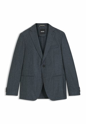 Blazer grigio scuro con tessuto testurizzato, revers a punta, due tasche frontali e chiusura con bottoni. Presenta cuciture dettagliate e polsini con bottoni.