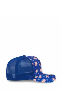 Blaues Baseballcap mit Netzrücken und floralem Druck mit Pfirsichmotiven auf dem Vorderpanel; gebogener Schirm mit glatter Textur.