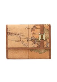 Portafoglio in pelle marrone con design di una mappa del mondo vintage, chiusura a scatto e dettagli di cucitura. Forma rettangolare compatta con superficie testurizzata.