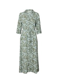 Robe longue avec un imprimé floral vert et bleu clair, col montant, manches trois-quarts et une taille nouée. Tissu doux.
