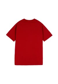 Czerwona bawełniana koszulka z krótkimi rękawami, okrągłym dekoltem i luźnym krojem. Charakteryzuje się gładką fakturą, bez widocznych logo czy wzorów.