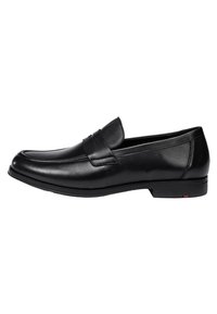 Schwarze Lederloafers mit einer glatten Oberfläche, runder Spitze und einem gestickten Akzentband über dem Spann, ausgestattet mit einer niedrigen Gummisohle.