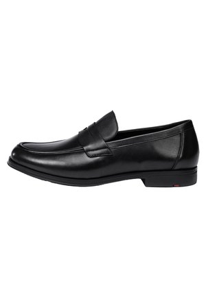 Schwarze Lederloafers mit einer glatten Oberfläche, runder Spitze und einem gestickten Akzentband über dem Spann, ausgestattet mit einer niedrigen Gummisohle.