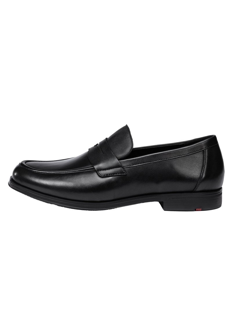 Schwarze Lederloafers mit einer glatten Oberfläche, runder Spitze und einem gestickten Akzentband über dem Spann, ausgestattet mit einer niedrigen Gummisohle.
