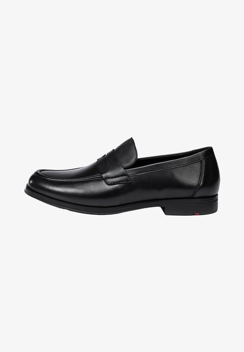 Schwarze Lederloafers mit einer glatten Oberfläche, runder Spitze und einem gestickten Akzentband über dem Spann, ausgestattet mit einer niedrigen Gummisohle.