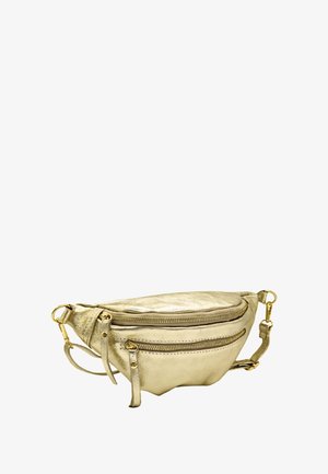 Sac bandoulière en métal doré avec deux compartiments zippés, forme arrondie et sangle ajustable. Fabriqué à partir d'un matériau texturé ressemblant à du cuir.