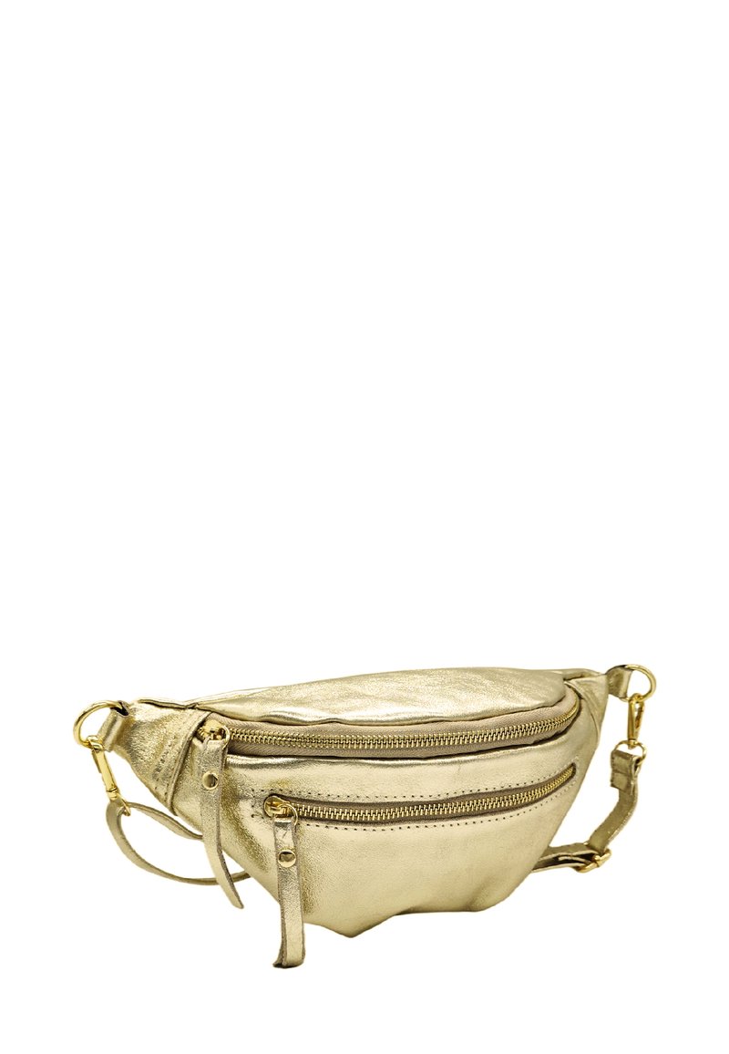 Sac bandoulière en métal doré avec deux compartiments zippés, forme arrondie et sangle ajustable. Fabriqué à partir d'un matériau texturé ressemblant à du cuir.