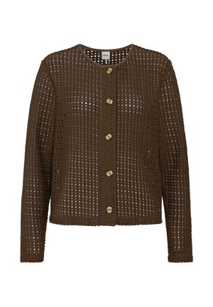 Cardigan marron à manches longues avec un motif crocheté et cinq boutons à l'avant, doté d'un col rond.