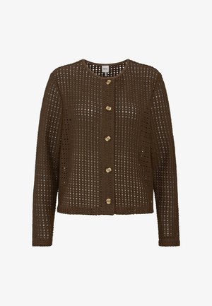 Cardigan marrone a maniche lunghe con motivo all'uncinetto e cinque bottoni frontali, con scollo tondo.