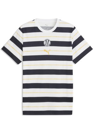 T-shirt a maniche corte con strisce orizzontali nere, bianche e sottili gialle, logo Puma dorato e stemma circolare sul petto.
