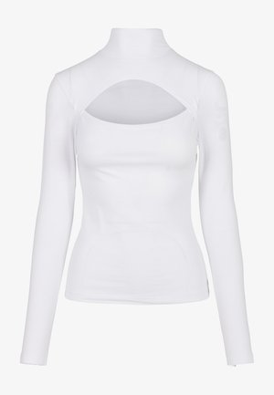 Biała bluzka z długimi rękawami i wysokim dekoltem, z wycięciem na plecach, wykonana z gładkiego, elastycznego materiału.