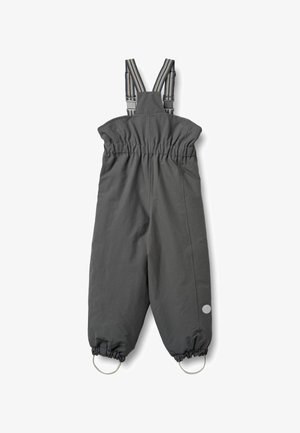 Pelēki ūdensnecaurlaidīgi kombinezoni no izturīga auduma, ar regulējamām svītrainām plecu lencēm, elastīgu jostasvietu un elastīgiem aproču galiem ar cilpām.