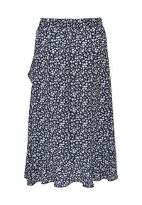 Marineblauwe bloemenrok met witte bloemenpatronen, elastische tailleband, uitlopende vorm, knielengte, lichte stof, gladde textuur.