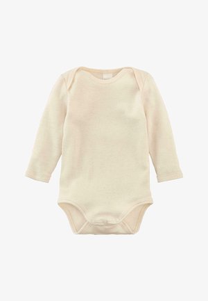 Langarm-Babybody aus weicher, crèmefarbener Baumwolle mit einem runden Ausschnitt und Druckknöpfen am Boden für ein einfaches Anziehen.