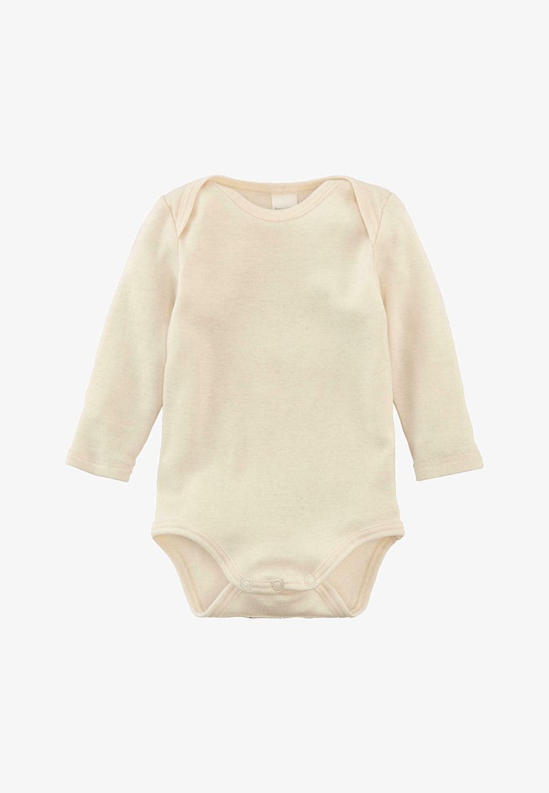 Lange mouw baby rompertje gemaakt van zachte, crèmekleurige katoen, met een ronde halslijn en drukknoopsluiting onderaan voor gemakkelijk aankleden.