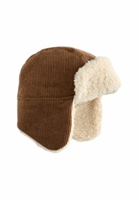 Chapeau en velours côtelé marron avec des rabats d'oreilles et une doublure en fausse fourrure douce de couleur crème. Il présente une texture côtelée et une forme arrondie pour garantir la chaleur.