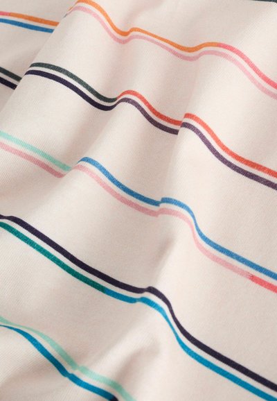 Tela suave con base en crema que presenta finas rayas horizontales en varios colores, incluyendo azul, rosa, naranja, verde y morado.