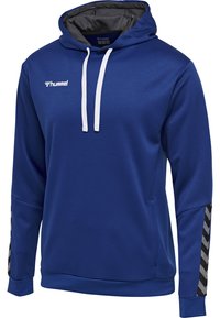 Blauwe hoodie gemaakt van gestructureerd materiaal, met witte trekkoorden, een logo en zwarte chevronpatronen op de mouwen.
