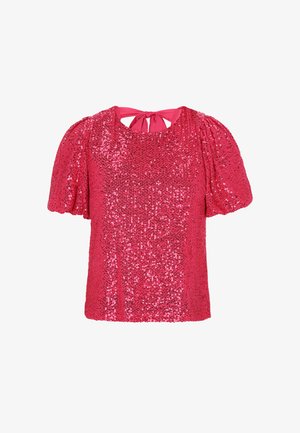 Top strălucitor din paiete roz, cu mâneci puff scurte și închidere la spate cu funda. Prezintă un gât rotund și o suprafață texturată pentru detalii suplimentare.