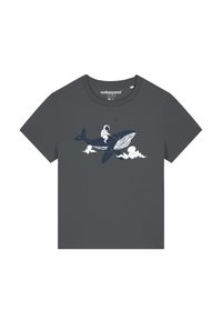 Grijze T-shirt met korte mouwen met een witte grafiek van een walvis en een astronaut, met op de achtergrond wolken en sterren. Gemaakt van zacht katoen.