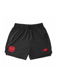 Schwarze Sportshorts aus atmungsaktivem Stoff mit einem roten Vereinslogo vorne links und einem roten New Balance-Logo unten rechts.