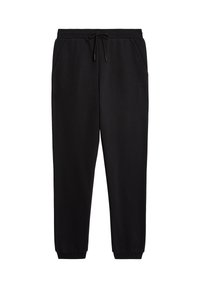 Sorte sweatpants lavet af blødt stof, med elastisk talje med snor, sidelommer og tætsiddende manchetter.