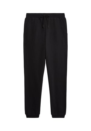 Pantalons de survêtement noirs en tissu doux, avec une taille élastique munie de cordon de serrage, des poches latérales et des poignets fuselés.