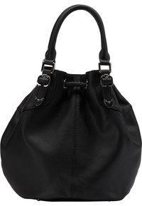 Sac à main en cuir noir granuleux avec deux poignées, boucles en argent et fermeture à cordon tressé au centre supérieur.