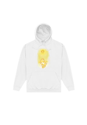 Biała bluza z kapturem z centralnym nadrukiem uśmiechniętego słońca i kreskówkowego misia z kwiatami, miękka tkanina, regulowany sznurek w kapturze, kieszeń z przodu.